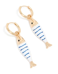 Boucles d’oreilles Huggie de poisson rayées dorées, blanches et bleues