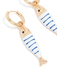 Boucles d’oreilles Huggie de poisson rayées dorées, blanches et bleues