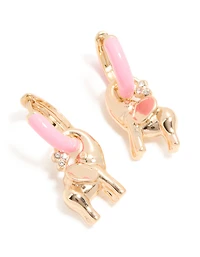 Gold Light Pink Enamel Elephant Huggie Earrings
