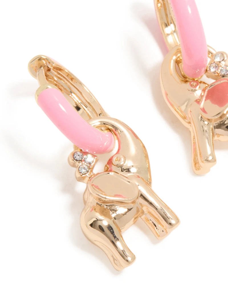 Gold Light Pink Enamel Elephant Huggie Earrings