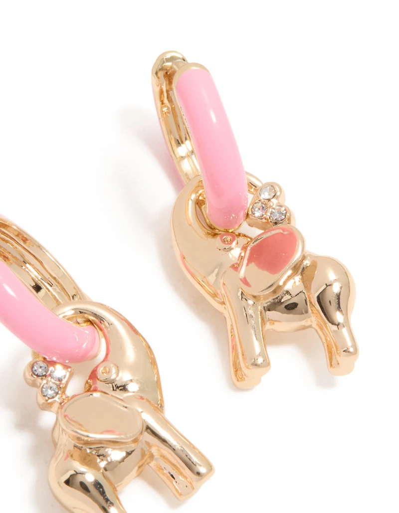Gold Light Pink Enamel Elephant Huggie Earrings