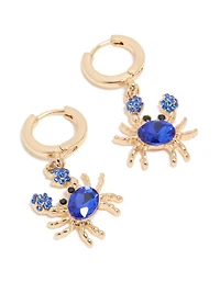 Gold Dark Blue Diamante Crab Huggie Earrings