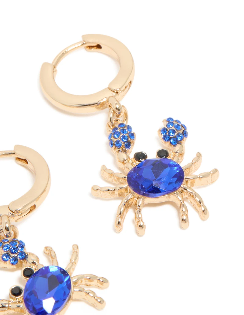 Gold Dark Blue Diamante Crab Huggie Earrings