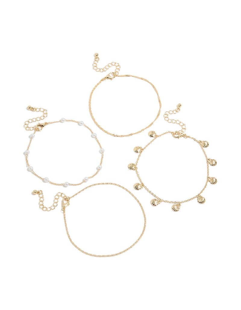 Paquet de 4 bracelets de cheville en coquillage doré et perles
