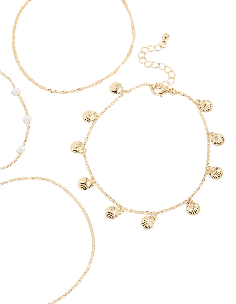 Gold Shell & Pearl Anklets 4-Pack