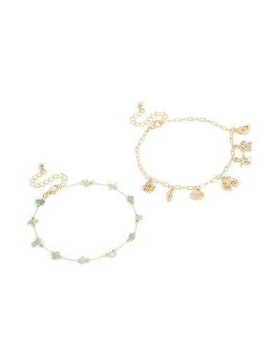 Gold Semi Precious Stone &  Sea Charm Anklets 2-Pack