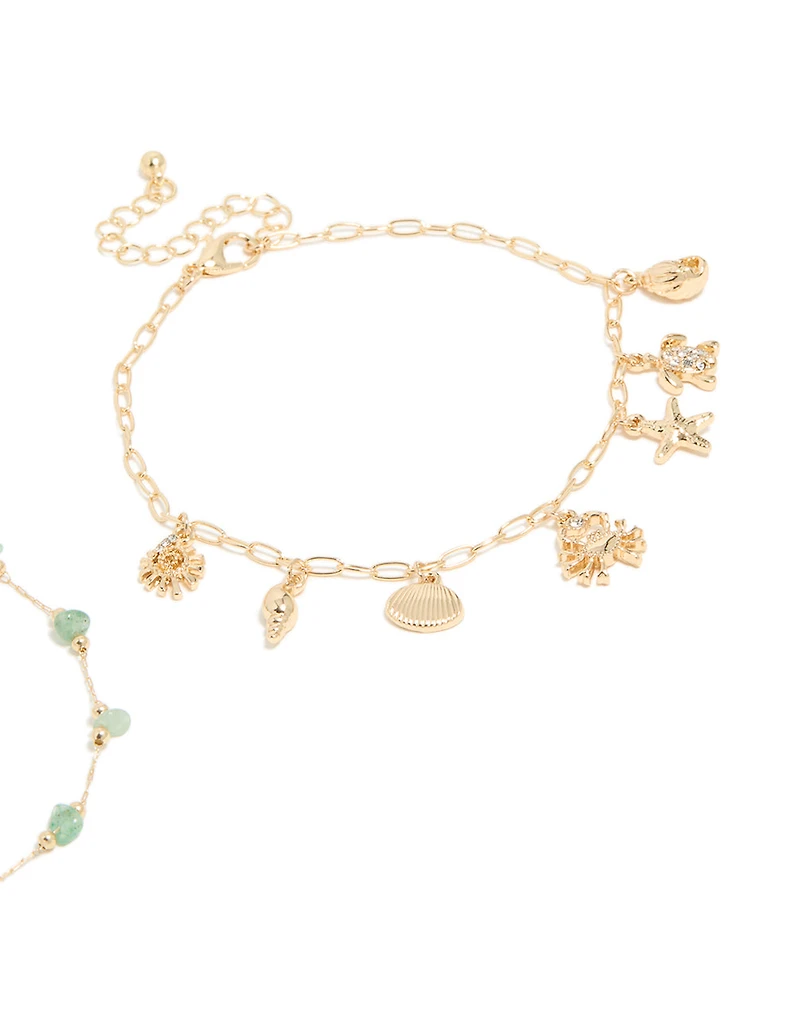 Gold Semi Precious Stone & Sea Charm Anklets 2-Pack