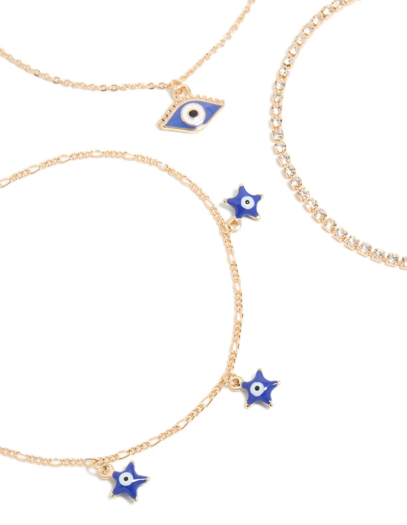 Gold Evil Eye Tennis & Chain Anklets 3-Pack