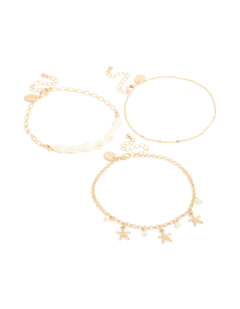 Gold Shell & Star Fish Anklets 3-Pack