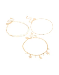 Gold Shell & Star Fish  Anklets 3-Pack