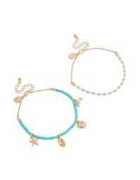 White & Blue Beaded Sea Life Charm Anklets 2-Pack