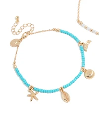 White & Blue Beaded Sea Life Charm Anklets 2-Pack