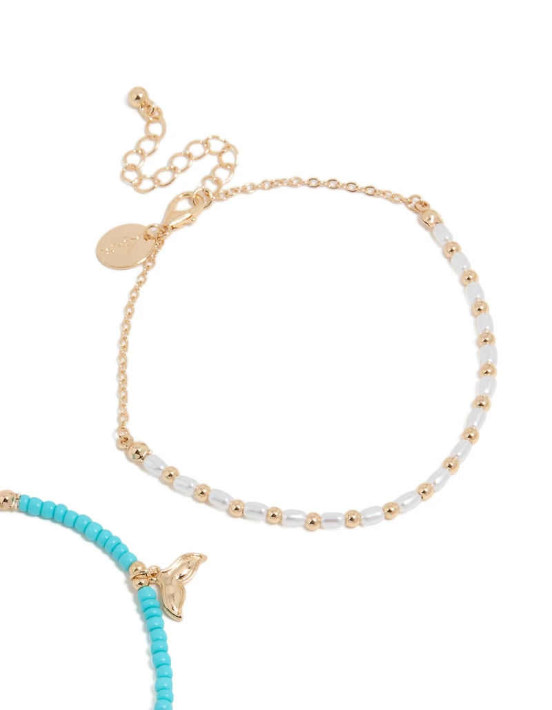White & Blue Beaded Sea Life Charm Anklets 2-Pack