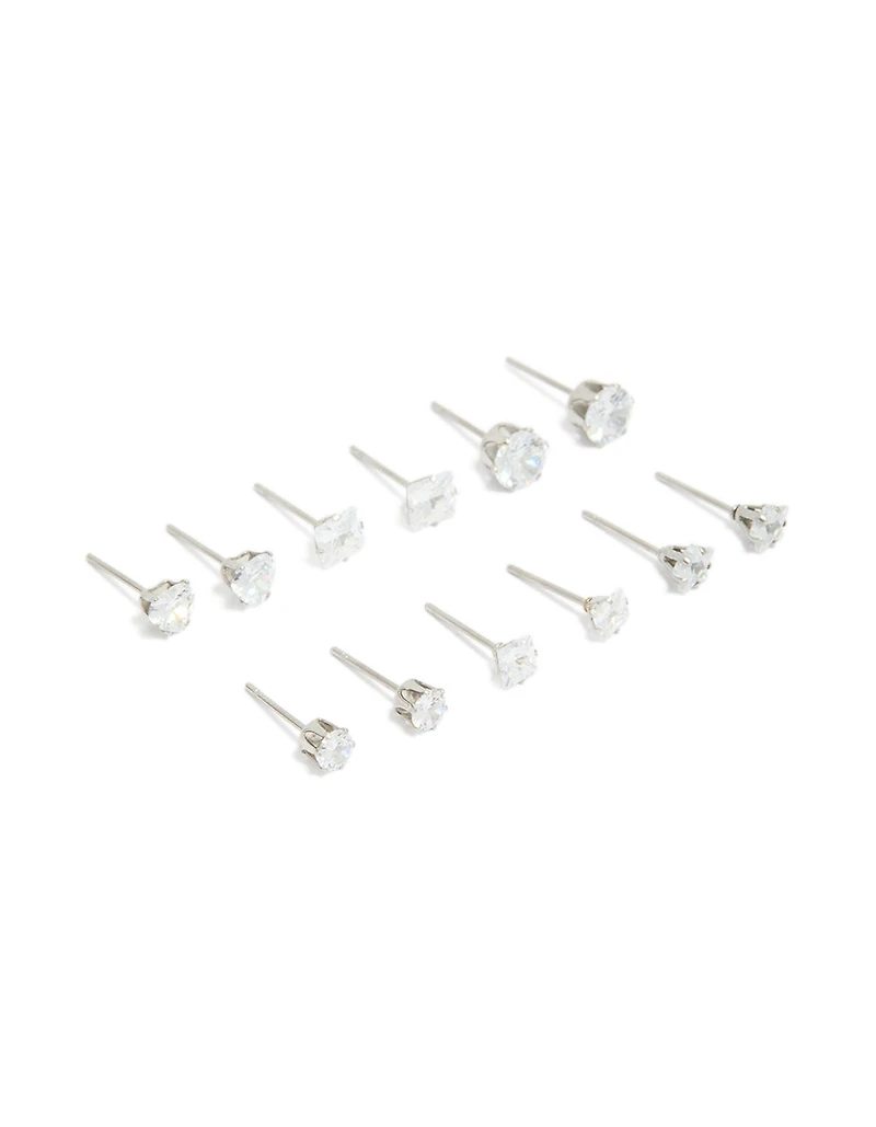 Waterproof Stainless Steel Cubic Zirconia Essential Stud Earrings 6-Pack