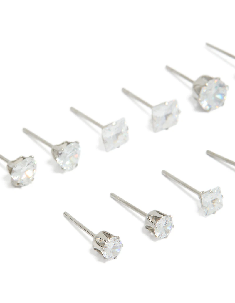 Waterproof Stainless Steel Cubic Zirconia Essential Stud Earrings 6-Pack