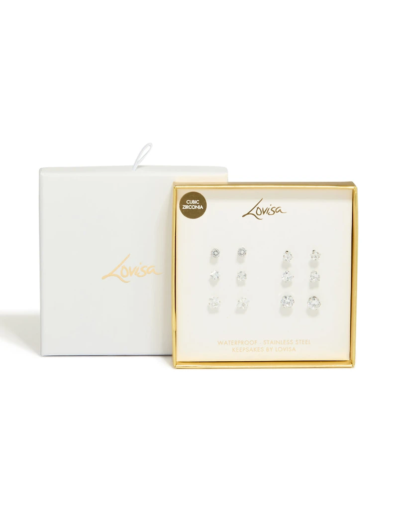 Waterproof Stainless Steel Cubic Zirconia Essential Stud Earrings 6-Pack