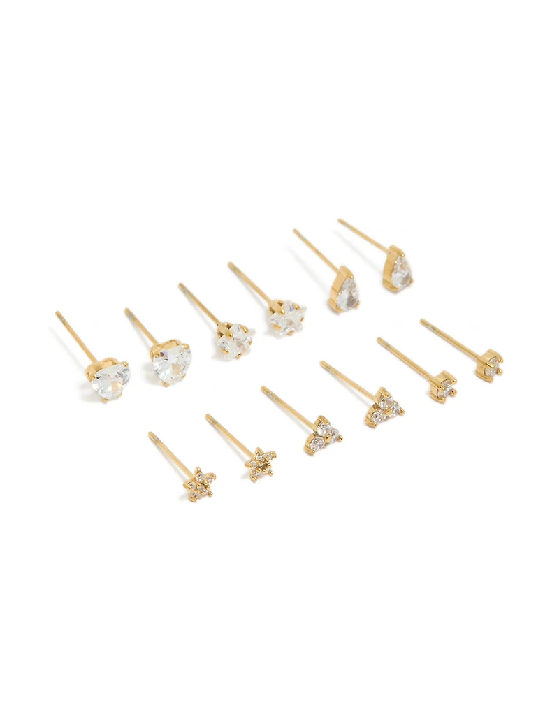 Boucles d’oreilles en zircone cubique en acier inoxydable plaquées or étanches, pack de 6