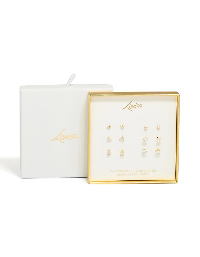 Waterproof Gold Plated Stainless Steel Cubic Zirconia Stud Earrings 6-Pack