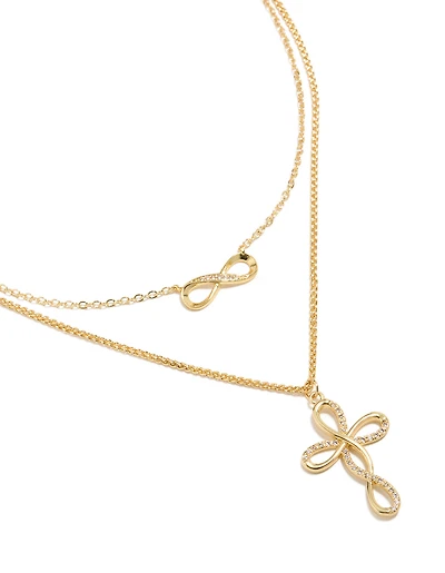 Gold Plated Cubic Zirconia Infinity & Cross Layered Necklace