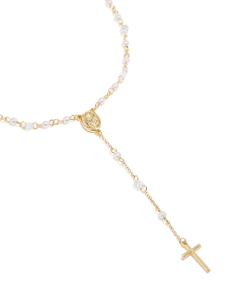 Collier cubique en zircone et chapelet de perles plaqués or