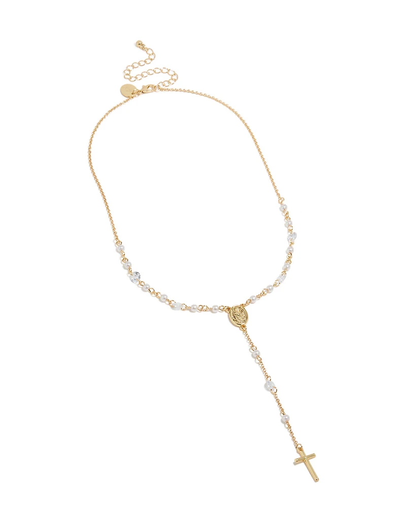 Collier cubique en zircone et chapelet de perles plaqués or