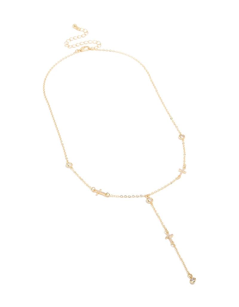 Collier rosaire en croix en zircone en zircone cubique plaqué or