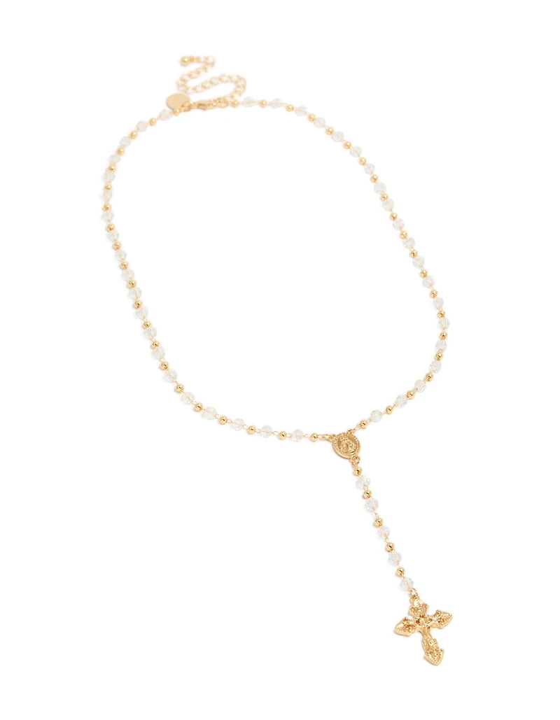 Gold Plated Dainty Beaded Rosary Cross Y-Necklace