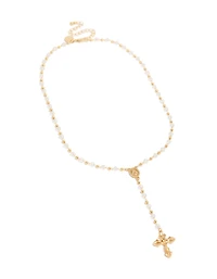 Gold Plated Dainty Beaded Rosary Cross Y-Necklace