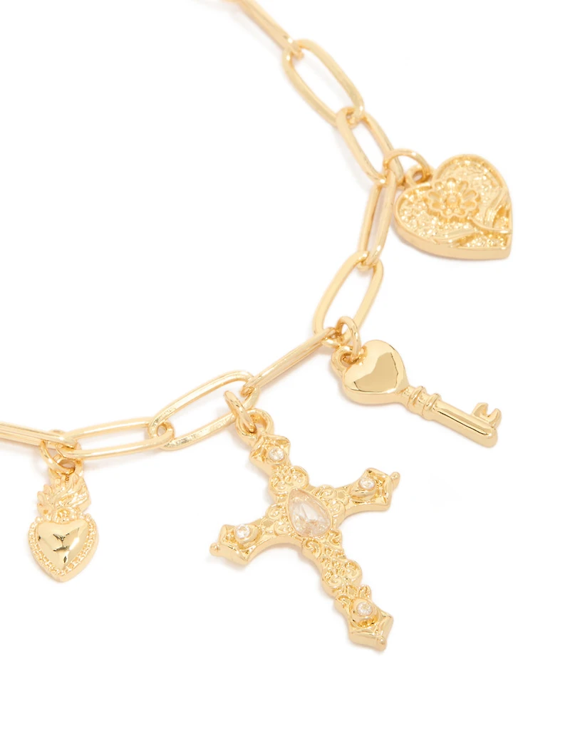 Bracelet à breloques croix et cœur plaqués or