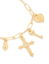 Bracelet à breloques croix et cœur plaqués or