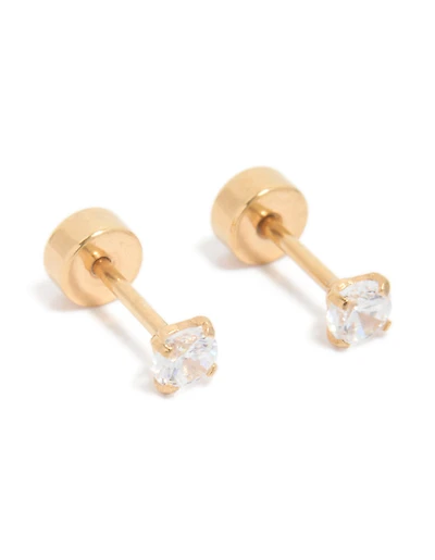 Kids Gold Plated Surgical Steel Cubic Zirconia Classic Flat Back Studs