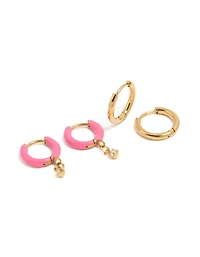 Waterproof Gold Plated Stainless Steel Pink Enamel & Cubic Zirconia Huggie Earrings 2-Pack