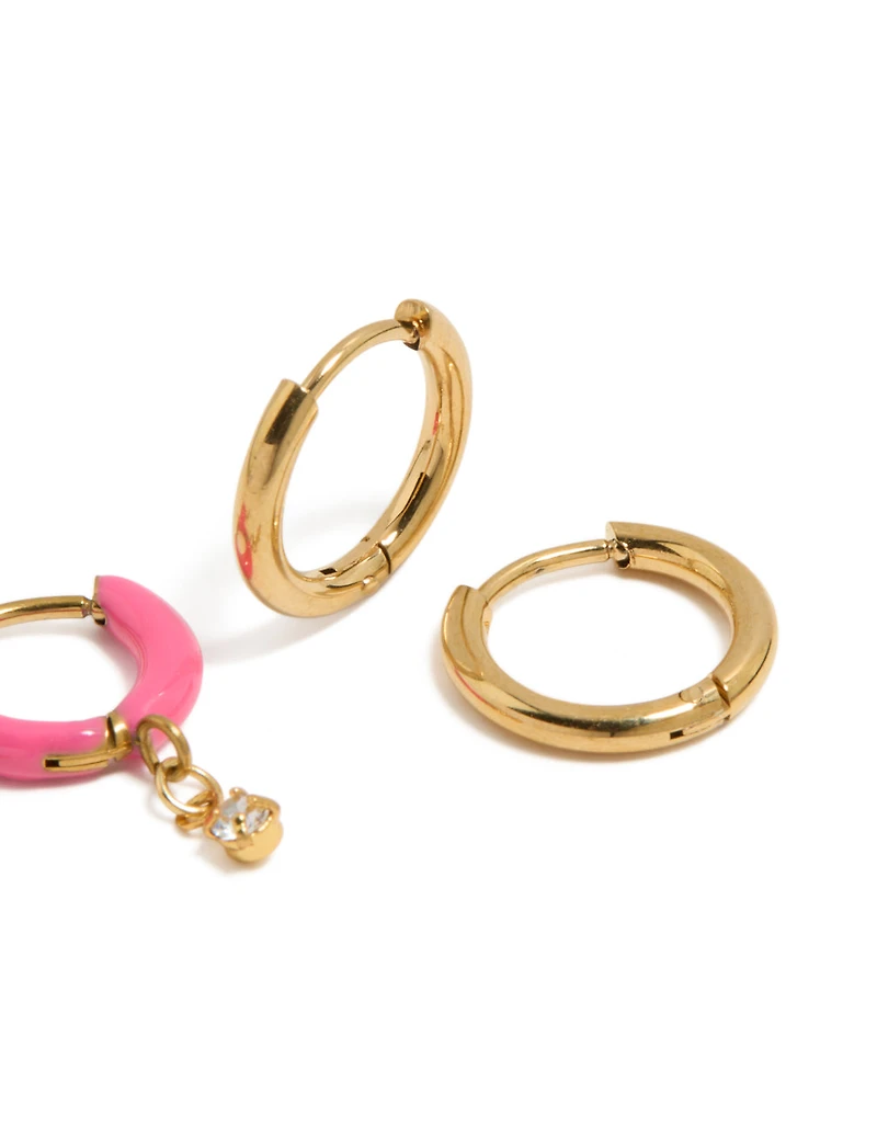 Waterproof Gold Plated Stainless Steel Pink Enamel & Cubic Zirconia Huggie Earrings 2-Pack