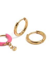 Waterproof Gold Plated Stainless Steel Pink Enamel & Cubic Zirconia Huggie Earrings 2-Pack