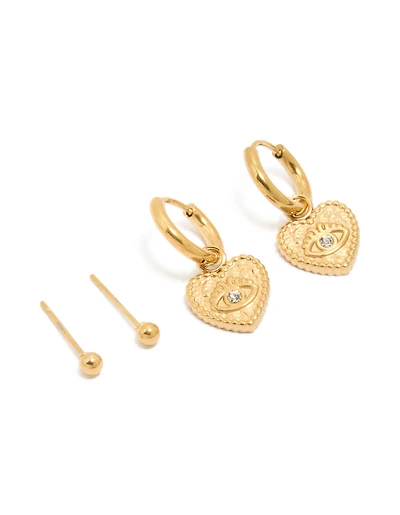 Waterproof Gold Plated Stainless Steel Heart Evil Eye Huggie & Ball Stud Earrings 2-Pack