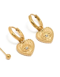 Waterproof Gold Plated Stainless Steel Heart Evil Eye Huggie & Ball Stud Earrings 2-Pack