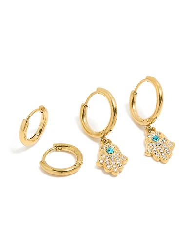 Waterproof Gold Plated Stainless Steel Evil Eye Diamante Earrings 2-Pack