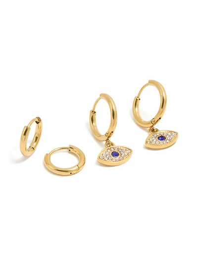Waterproof Gold Plated Stainless Steel & Diamante Evil Eye Huggie Earrings 2-Pack