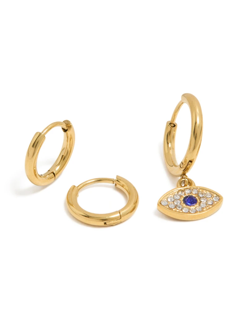 Waterproof Gold Plated Stainless Steel & Diamante Evil Eye Huggie Earrings 2-Pack