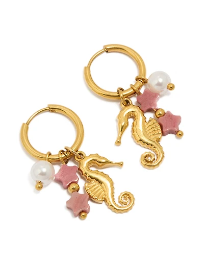 Waterproof Gold Plated Stainless Steel Seahorse Pearl Charm Huggie Earrings