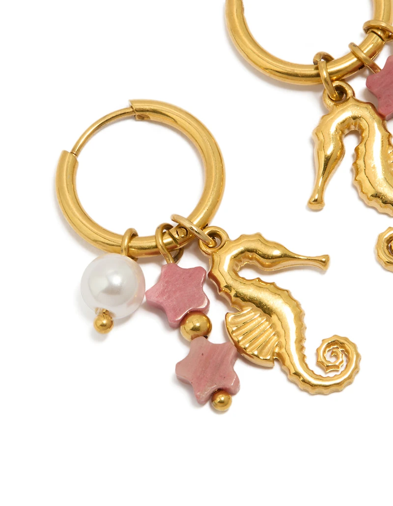 Waterproof Gold Plated Stainless Steel Seahorse Pearl Charm Huggie Earrings