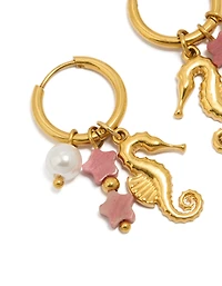 Waterproof Gold Plated Stainless Steel Seahorse Pearl Charm Huggie Earrings