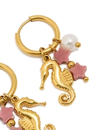 Waterproof Gold Plated Stainless Steel Seahorse Pearl Charm Huggie Earrings