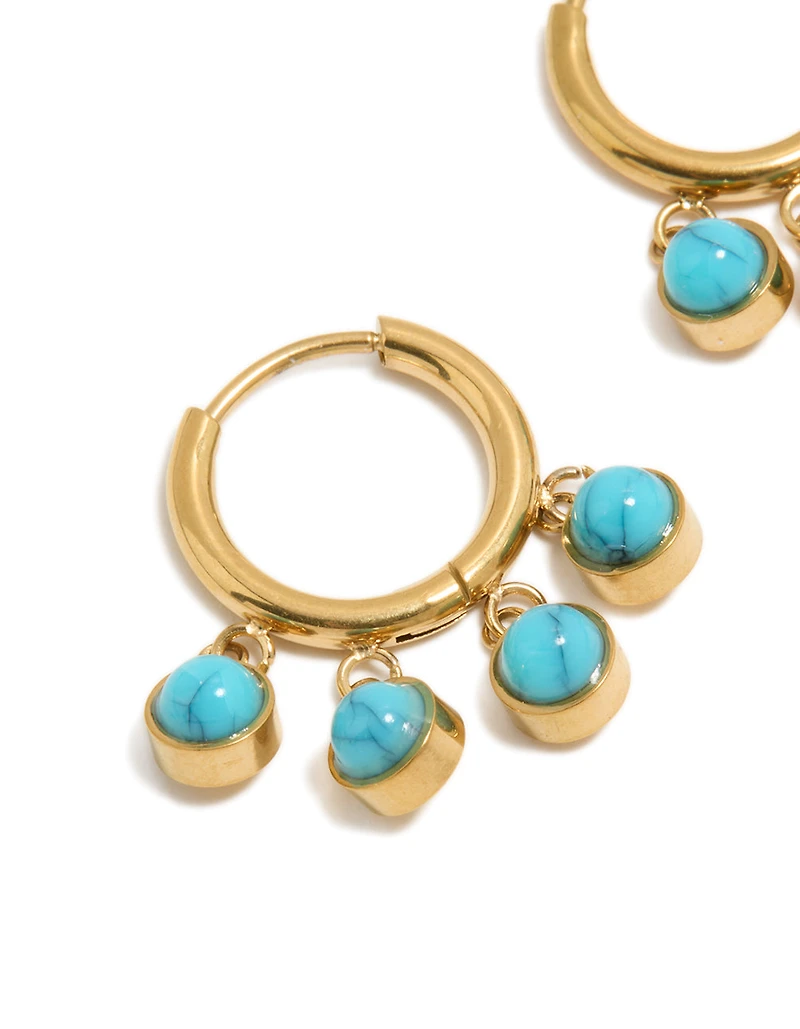 Waterproof Gold Plated Stainless Steel Turquoise Semi Precious Stone Chip Huggie Earrings