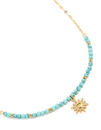 Waterproof Gold Plated Stainless Steel Turquoise Semi Precious Stone Sunburst Pendant Necklace