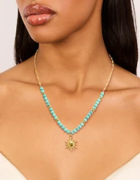 Waterproof Gold Plated Stainless Steel Turquoise Semi Precious Stone Sunburst Pendant Necklace