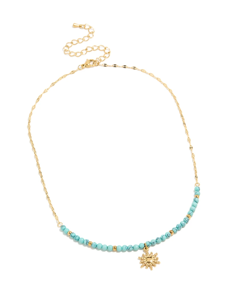 Waterproof Gold Plated Stainless Steel Turquoise Semi Precious Stone Sunburst Pendant Necklace