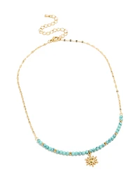 Waterproof Gold Plated Stainless Steel Turquoise Semi Precious Stone Sunburst Pendant Necklace
