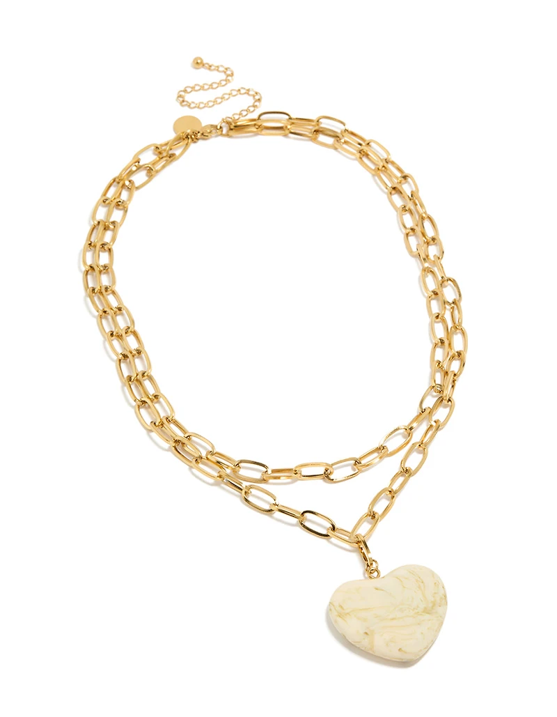 Waterproof Gold Plated Stainless Steel Double Layered Marble Heart Necklace