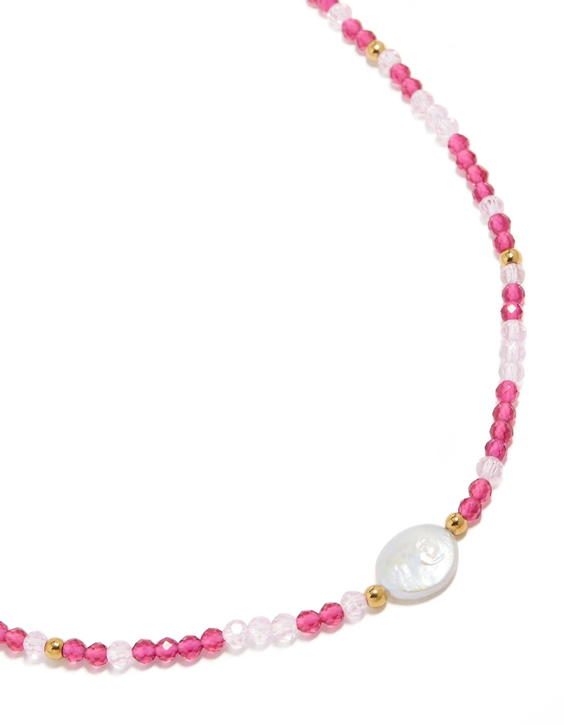 Waterproof Gold Plated Stainless Steel Pink Face Beaded & Pearl Necklace